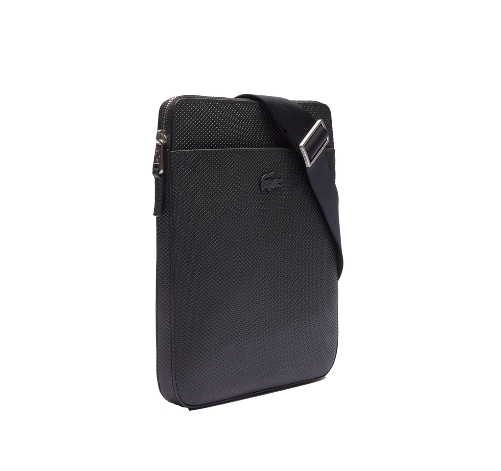 LACOSTE Sacoche plate zippée Chantaco en cuir piqué mat uni