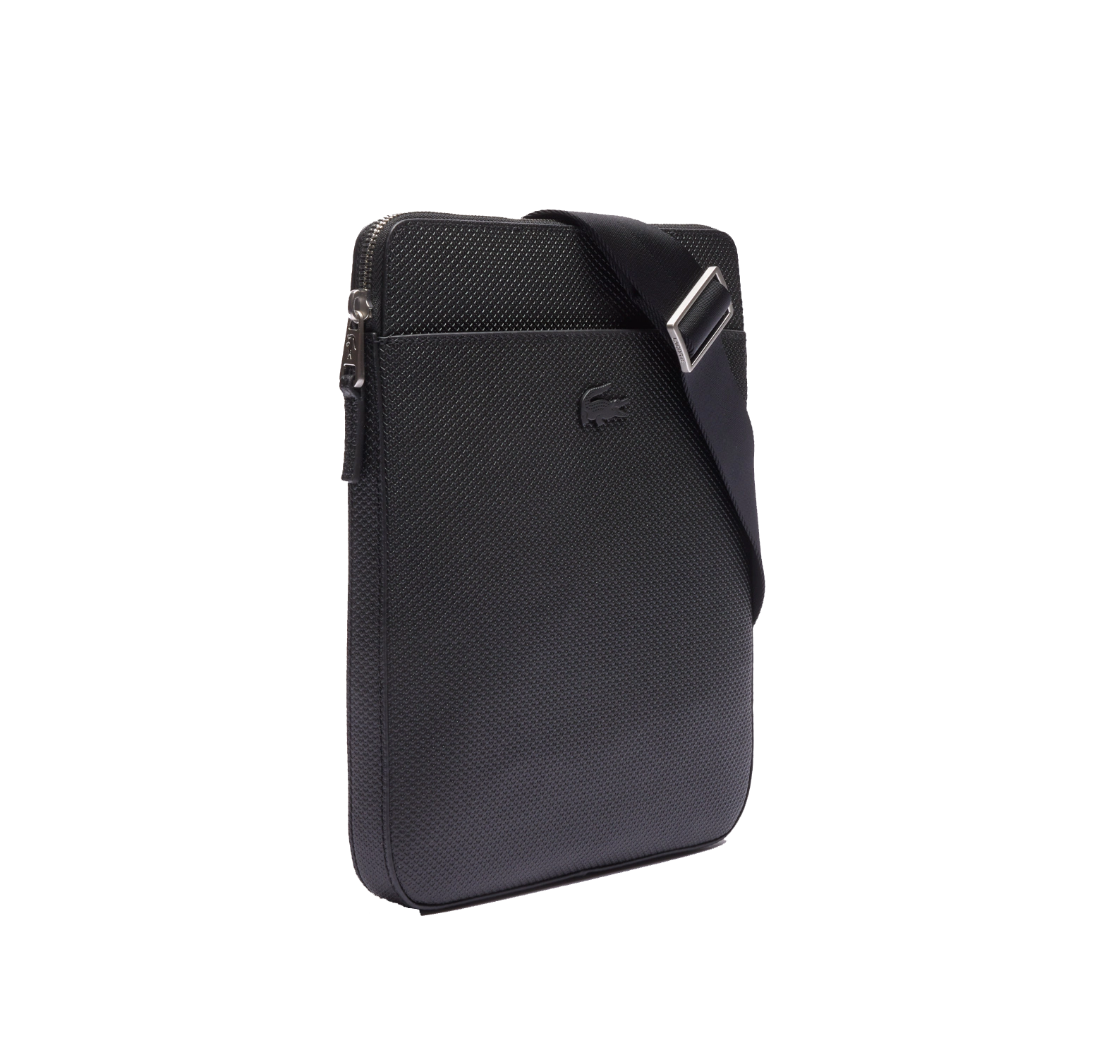 LACOSTE Sacoche plate zippée Chantaco en cuir piqué mat uni