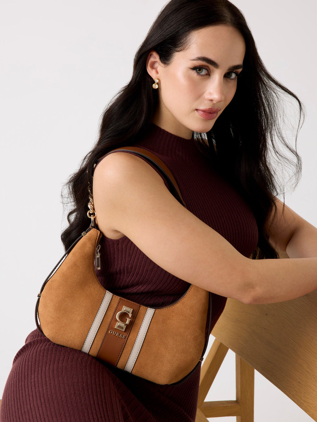 Marron - GUESS Sac à bandoulière Erenia Top Zip Shoulder