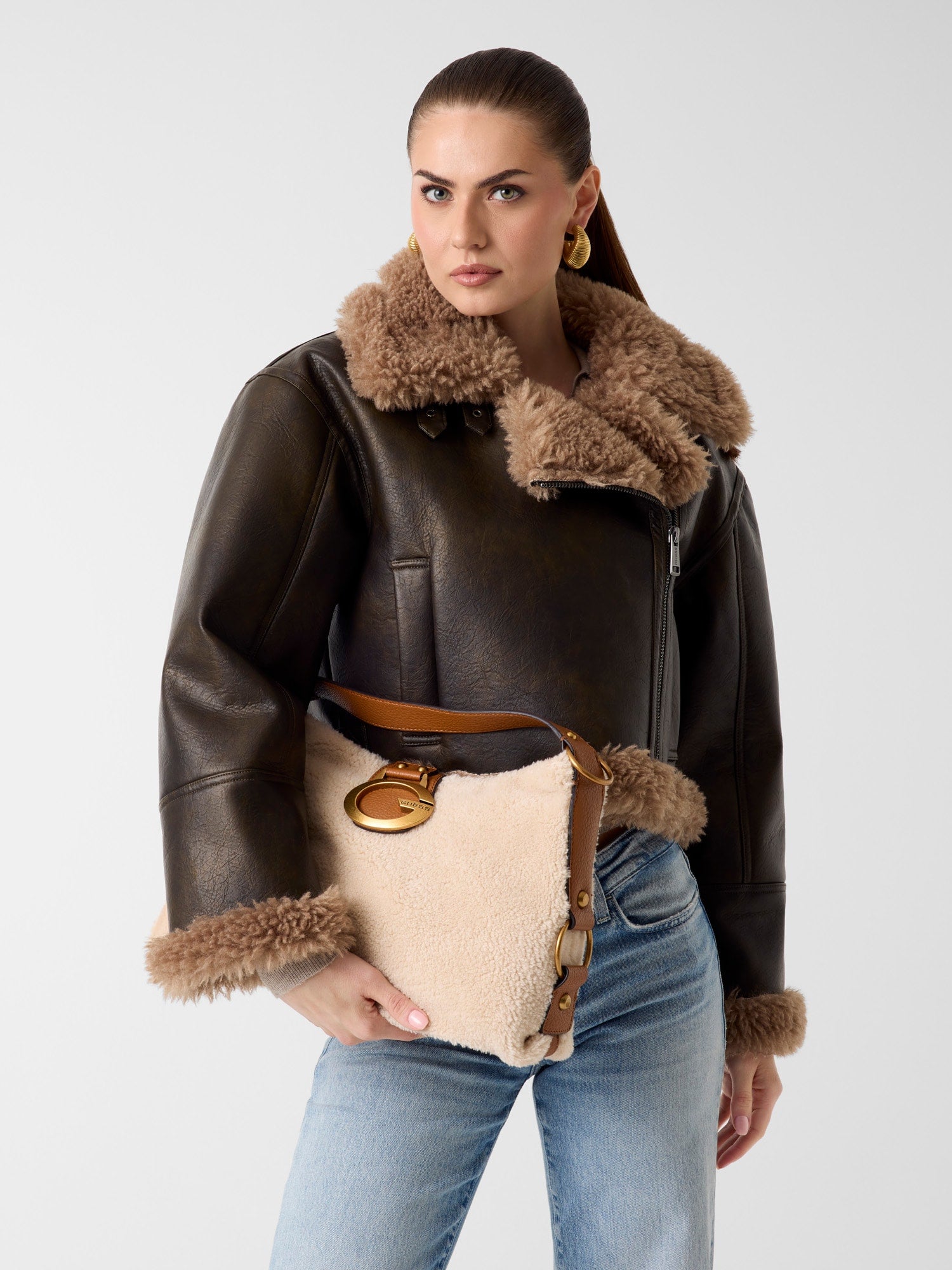 Marron - GUESS Sac à main Camden Shearling