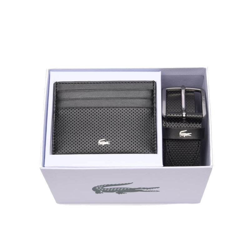LACOSTE Coffret ceinture en cuir et porte-cartes