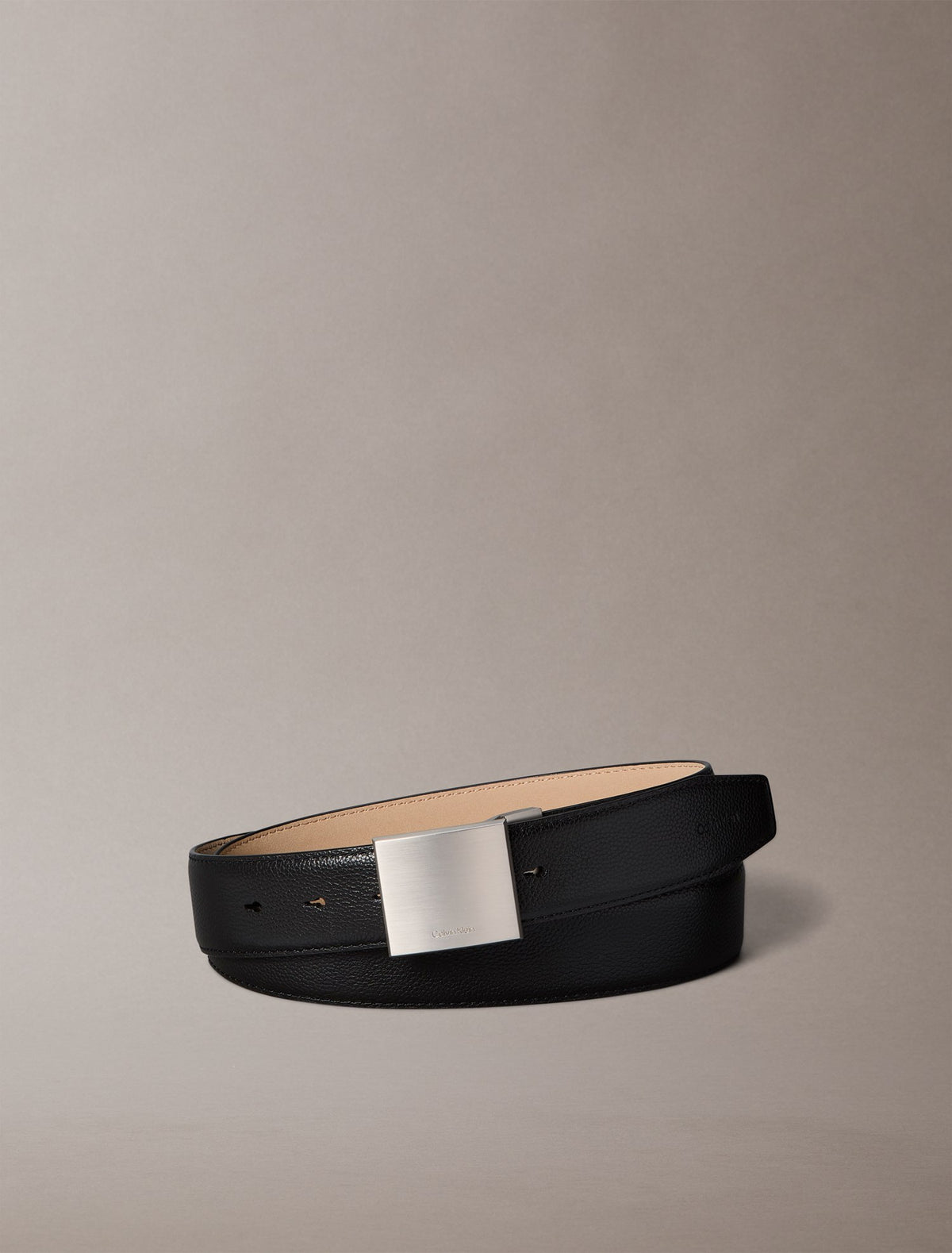 Noir / nickel brossé - Calvin Klein Ceinture cuir grainé boucle plaque