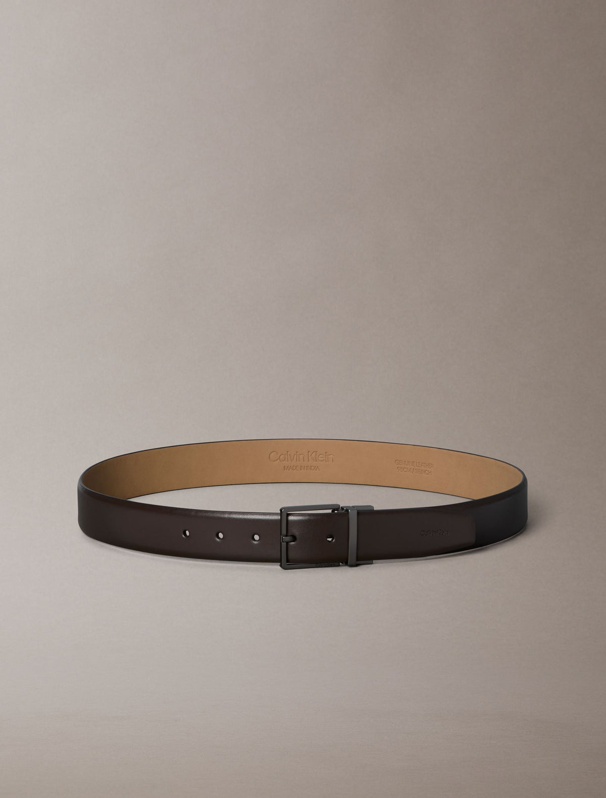 CK Dark Brown / gunmetal mat - CALVIN KLEIN Ceinture 35 mm boucle carrée cuir lisse