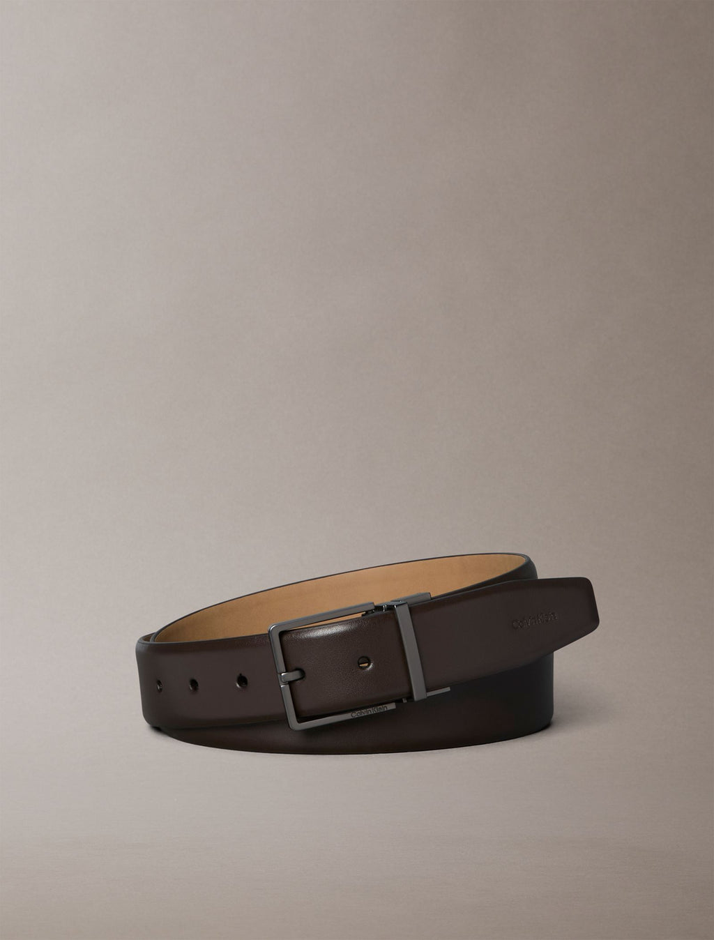CK Dark Brown / gunmetal mat - CALVIN KLEIN Ceinture 35 mm boucle carrée cuir lisse