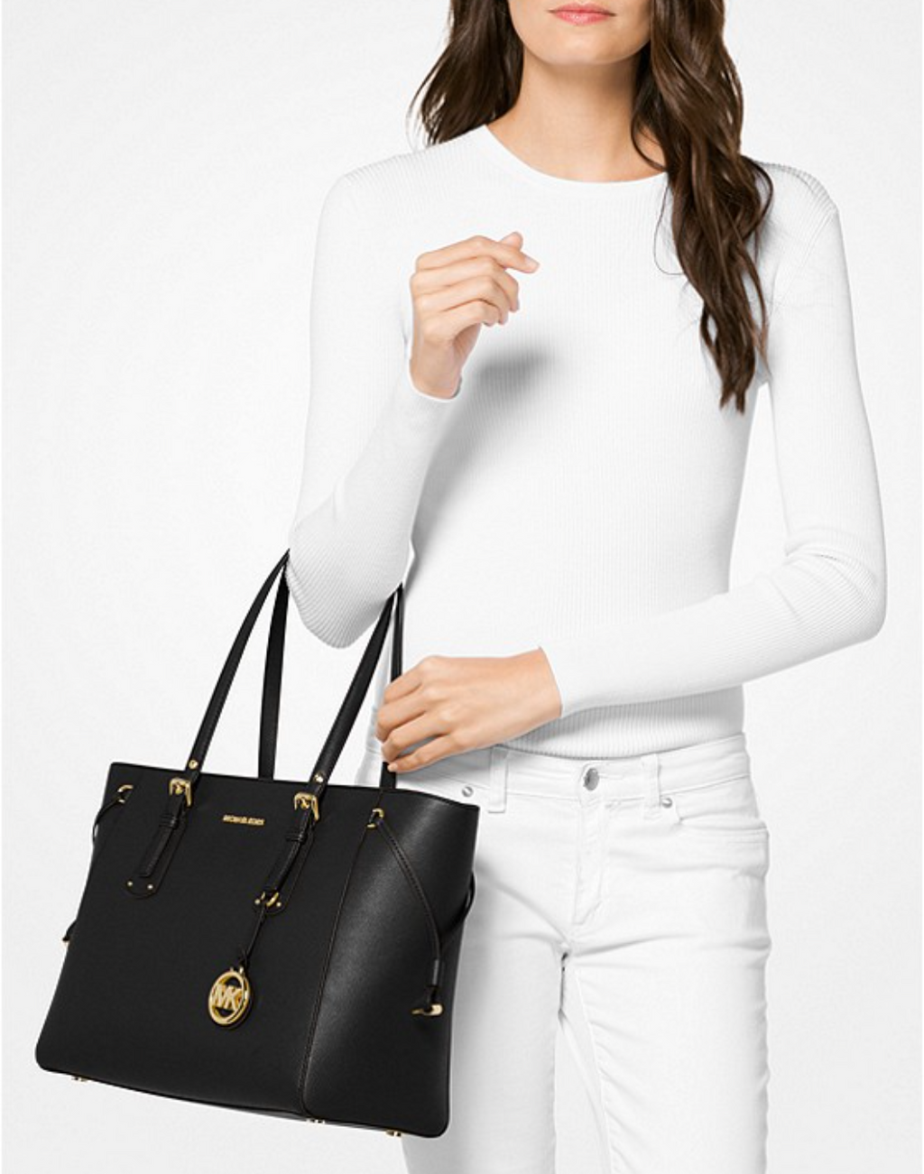Noir/doré - MICHAEL KORS Sac à main Voyager de taille moyenne en cuir grainé doré