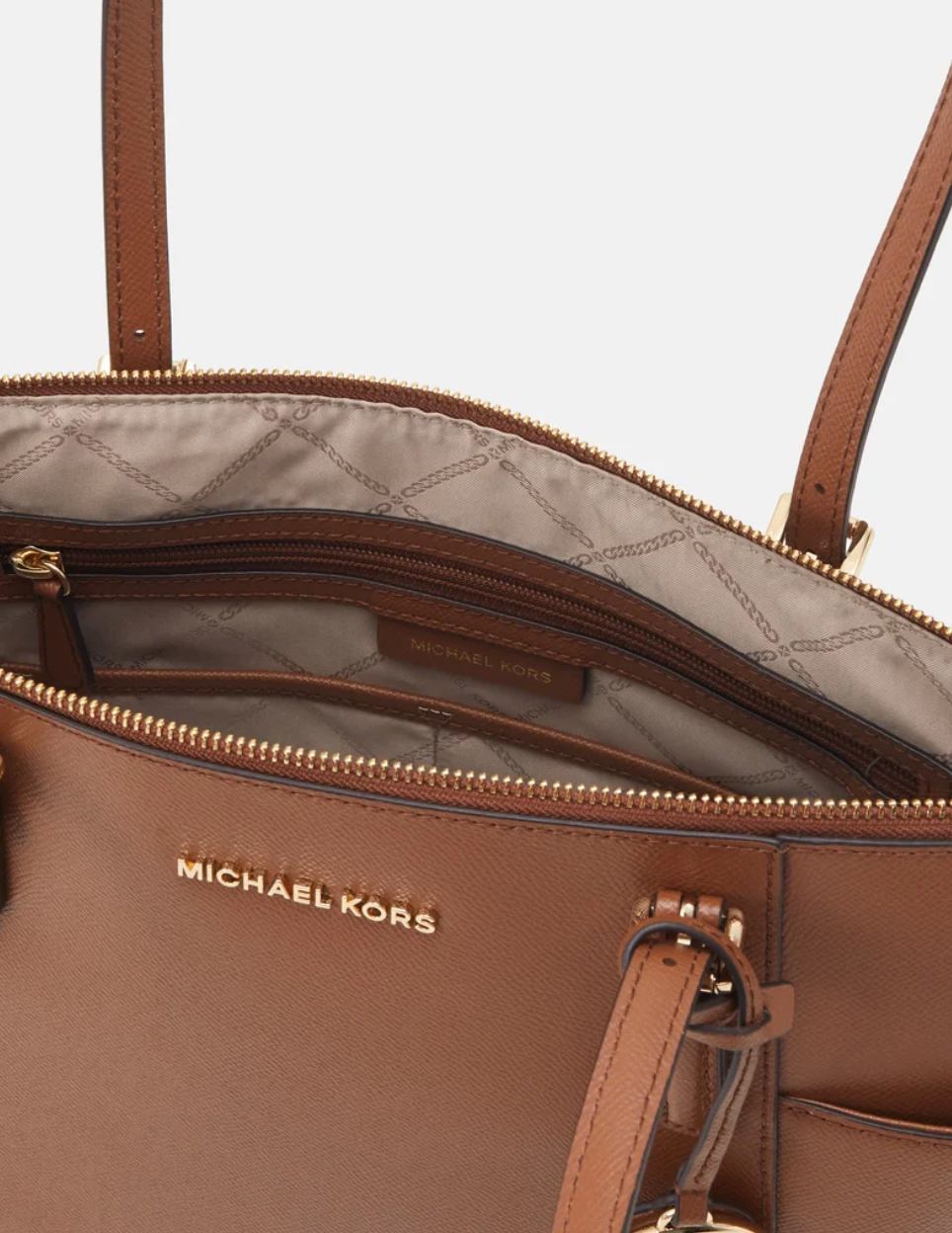 MICHAEL KORS Grand cabas Jet Set en cuir grainé avec glissière supérieure Camel