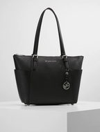 MICHAEL KORS Grand cabas Jet Set en cuir grainé avec glissière supérieure Noir argenté