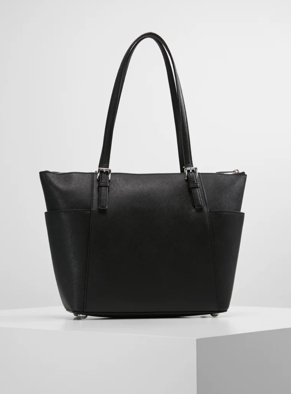 MICHAEL KORS Grand cabas Jet Set en cuir grainé avec glissière supérieure Noir argenté