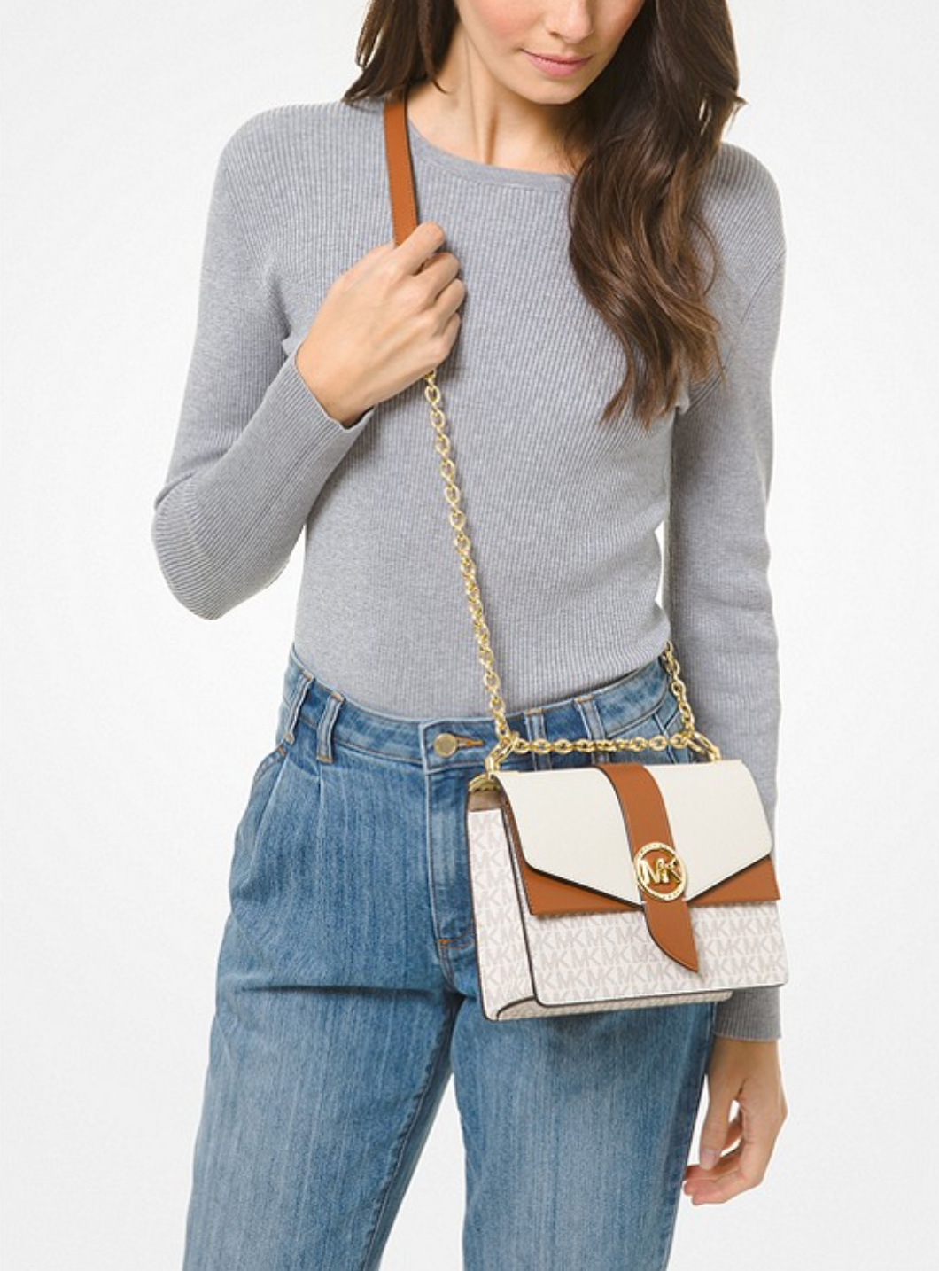 MICHAEL KORS Petit sac à bandoulière Greenwich en cuir saffiano Vanille/Noisette