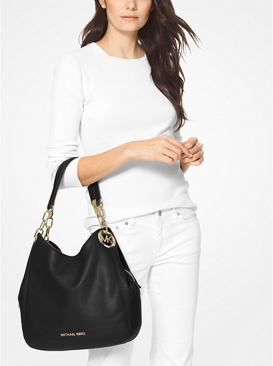 MICHAEL KORS Grand sac porté épaule Lillie en cuir grainé Noir/Doré